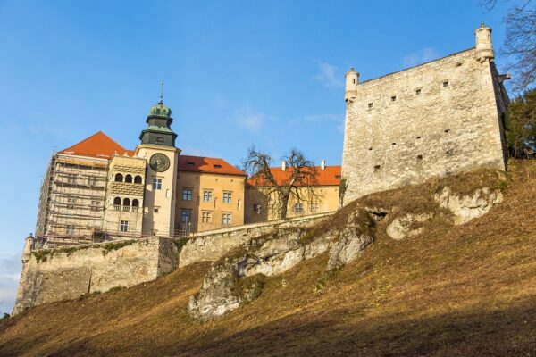 Widok z dołu na zamek położony na skalistym wzgórzu